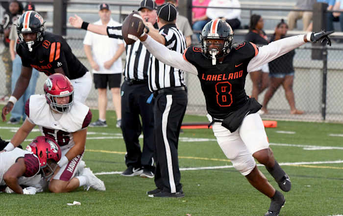 Lakeland’s Joshua Smith celebrates after recovering a St. Joseph’s Prep fumble near the goal line on Friday at Bryant Stadium in Lakeland.